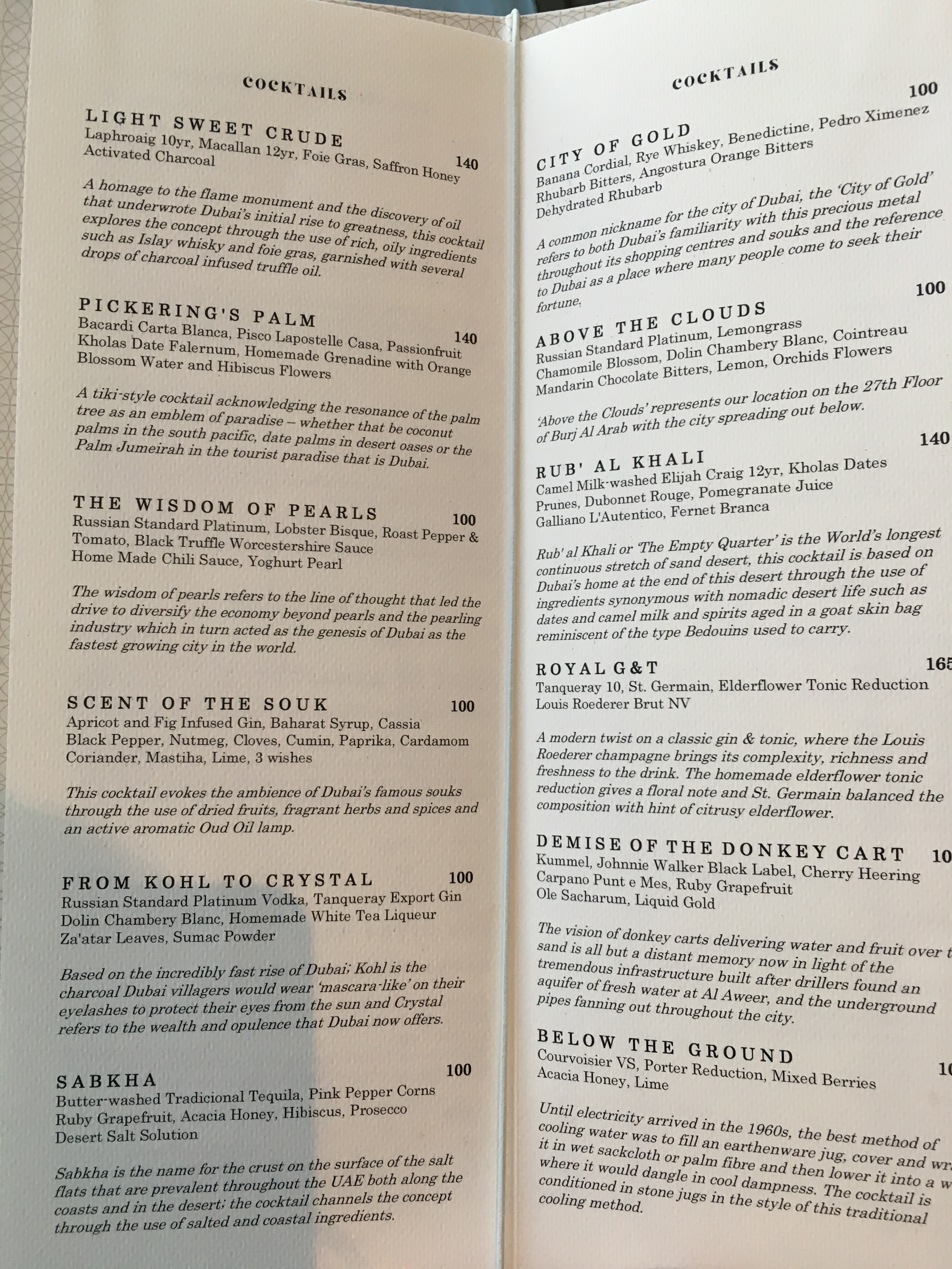 Cocktail menu for Gold on 27