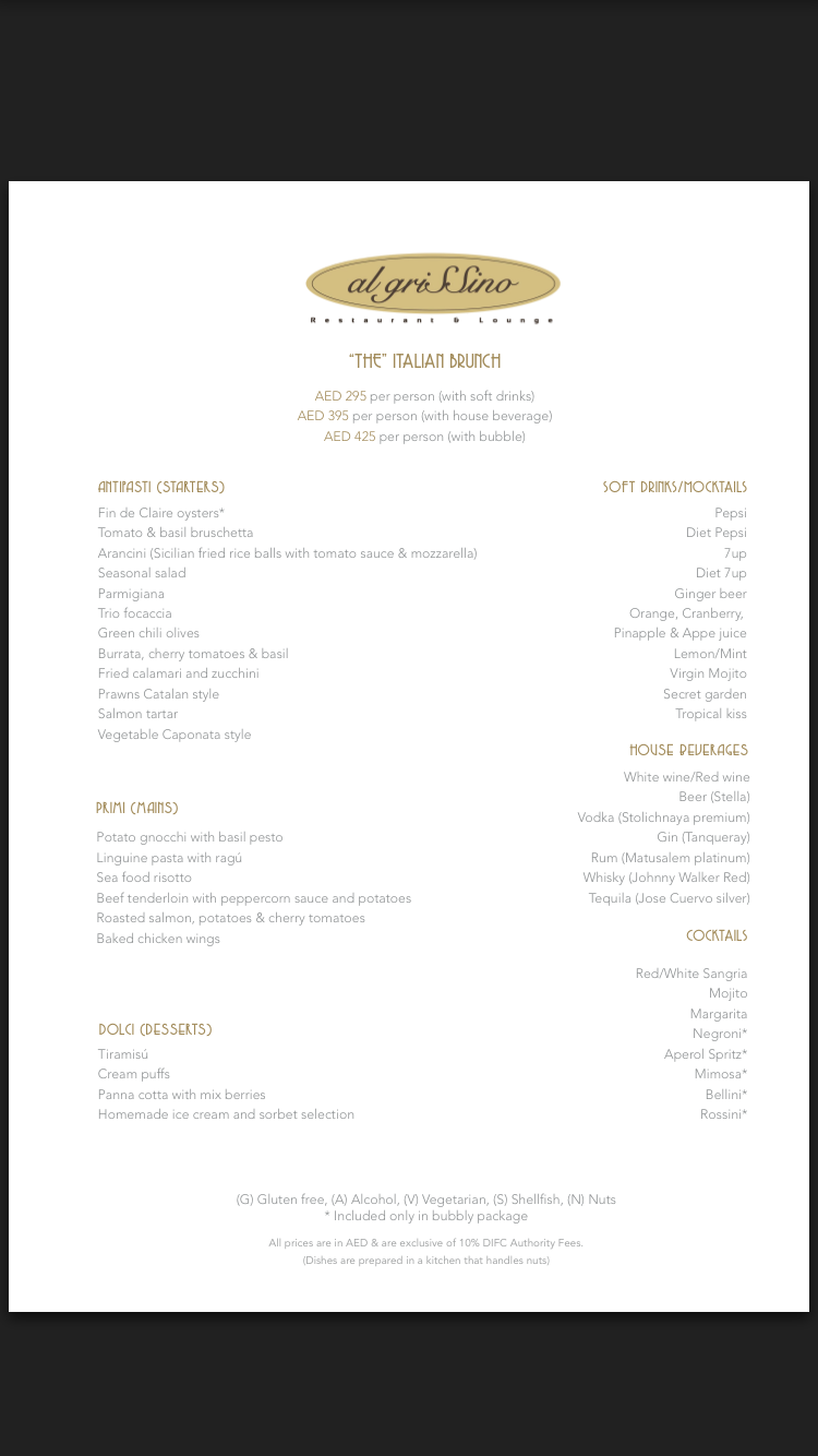 Brunch Menu Al Grissino Dubai